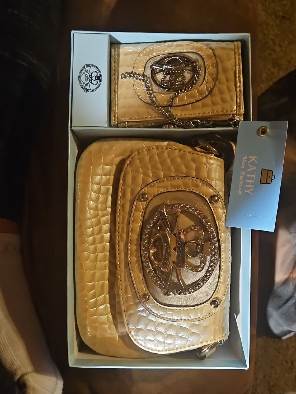 Kathy Van Zeeland Metallic Light Gold Croc-Embossed Crossbody & Wallet Set